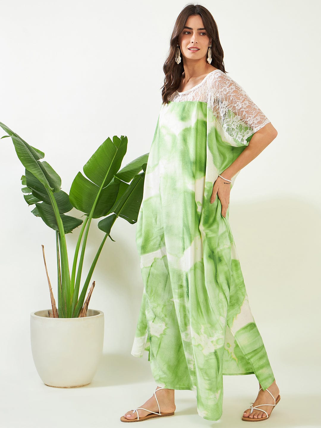 The Kaftan Company Cover-Up Freesize Green Tie Dye Freesize Kaftan