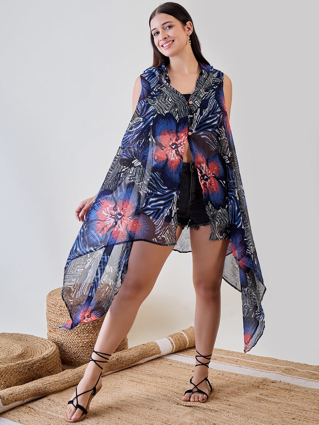 The Kaftan Company Cover-Up Navy Blue Shibori Printed Georgette Sheer Resort Cover Up
