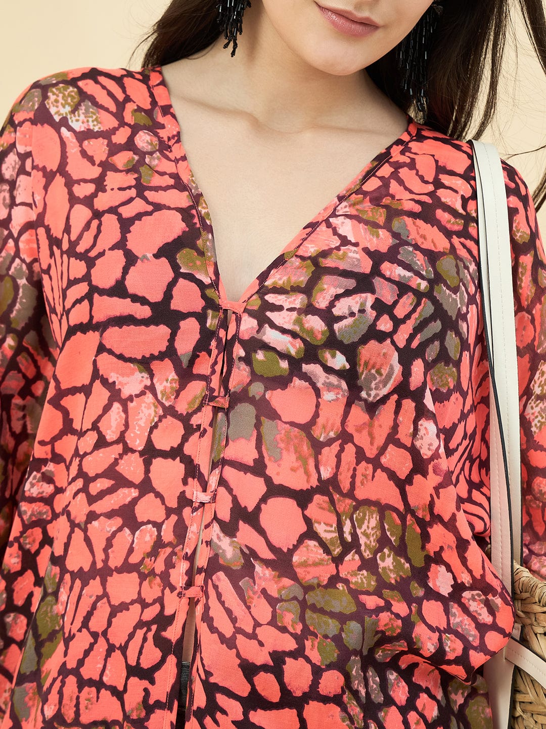 The Kaftan Company Cover-Up OneSize Women's Coral Abstract Printed Front-Open Cotton Kaftan