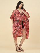 The Kaftan Company Cover-Up OneSize Women's Coral Abstract Printed Front-Open Cotton Kaftan