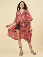 The Kaftan Company Cover-Up OneSize Women's Coral Abstract Printed Front-Open Cotton Kaftan