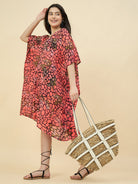 The Kaftan Company Cover-Up OneSize Women's Coral Abstract Printed Front-Open Cotton Kaftan
