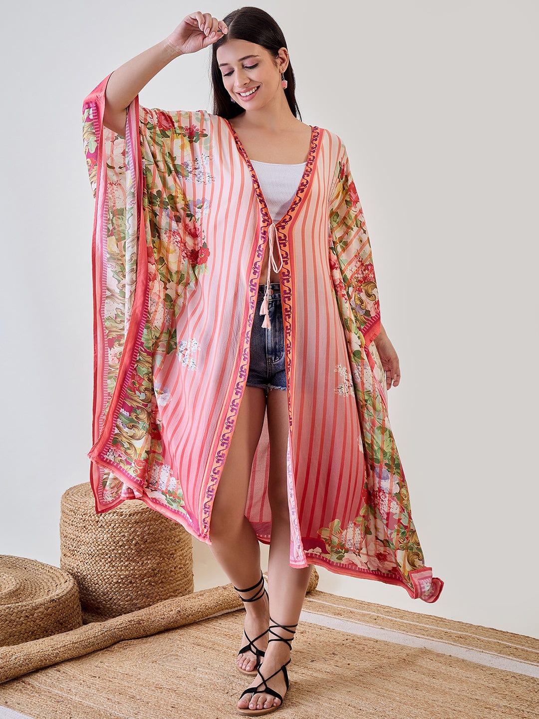 The Kaftan Company Cover-Up Orange Abstract Striped Viscose Kaftan Resort Coverup