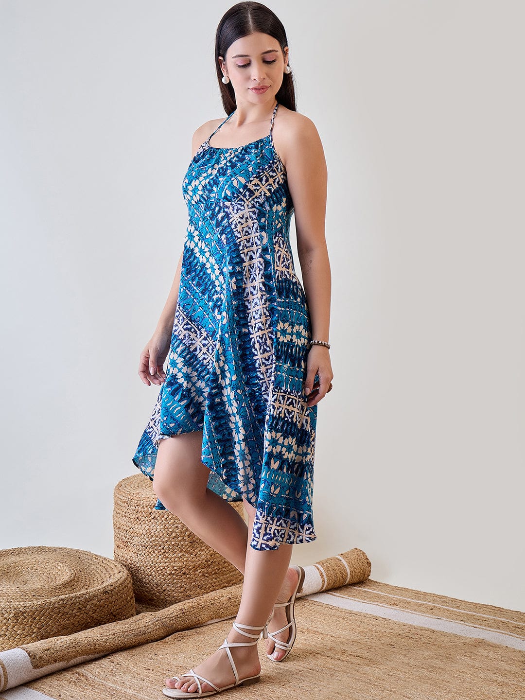The Kaftan Company Cover-Up Shibori Printed Blue Viscose Resort Wear Dress