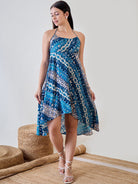 The Kaftan Company Cover-Up Shibori Printed Blue Viscose Resort Wear Dress