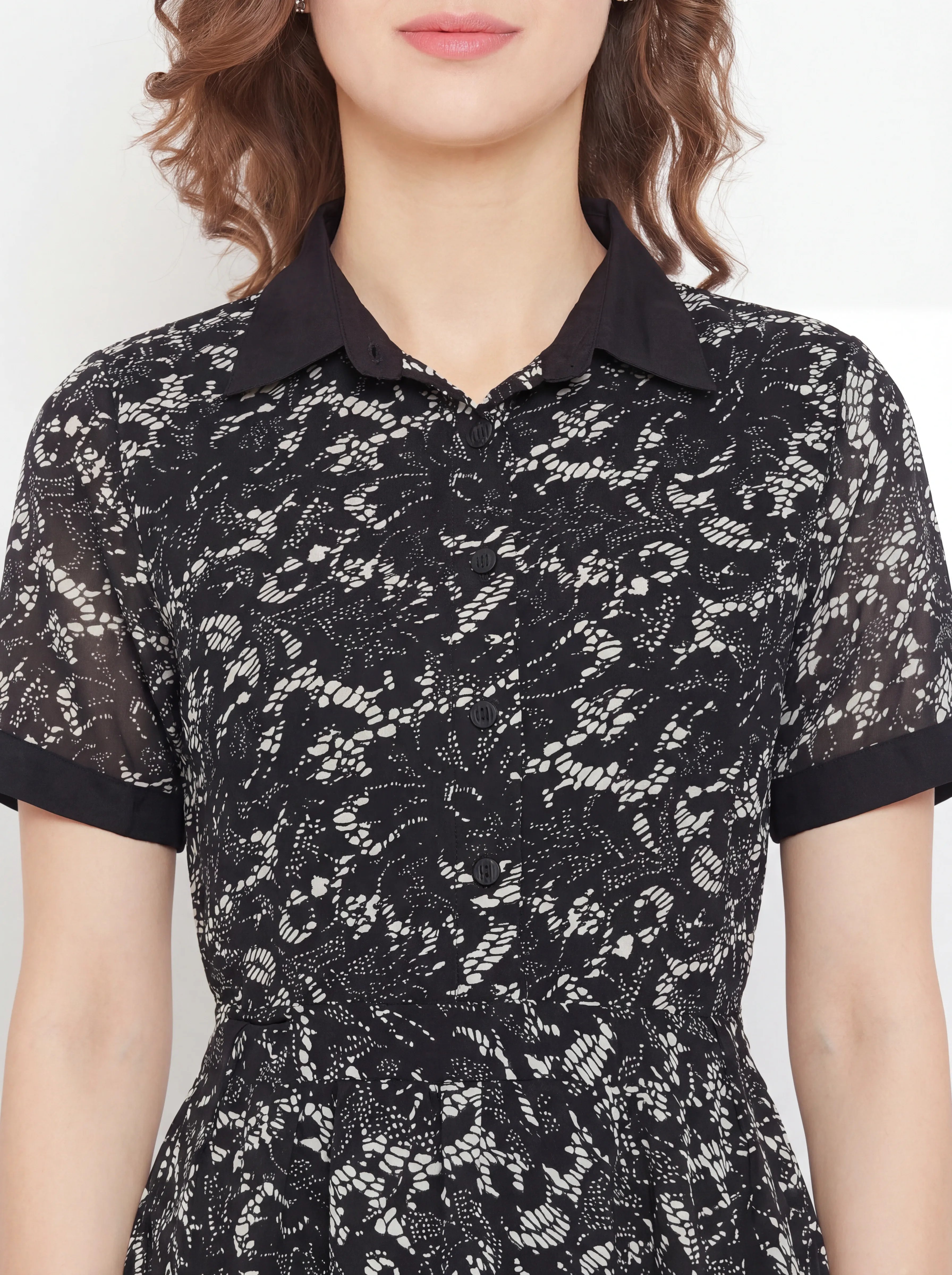 The Kaftan Company Dress Black Lace Print Georgette Shirt Dress
