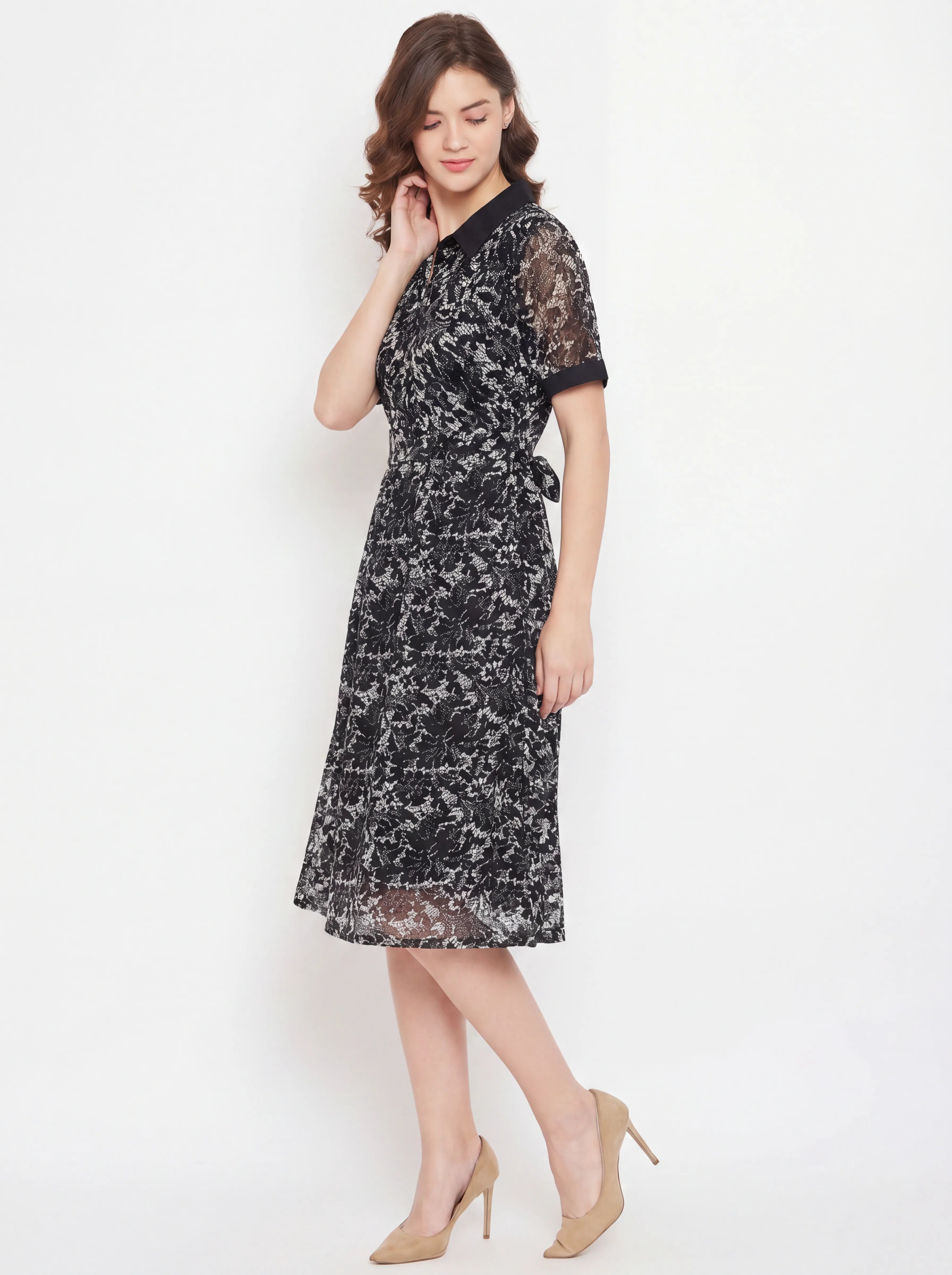 The Kaftan Company Dress Black Lace Print Georgette Shirt Dress