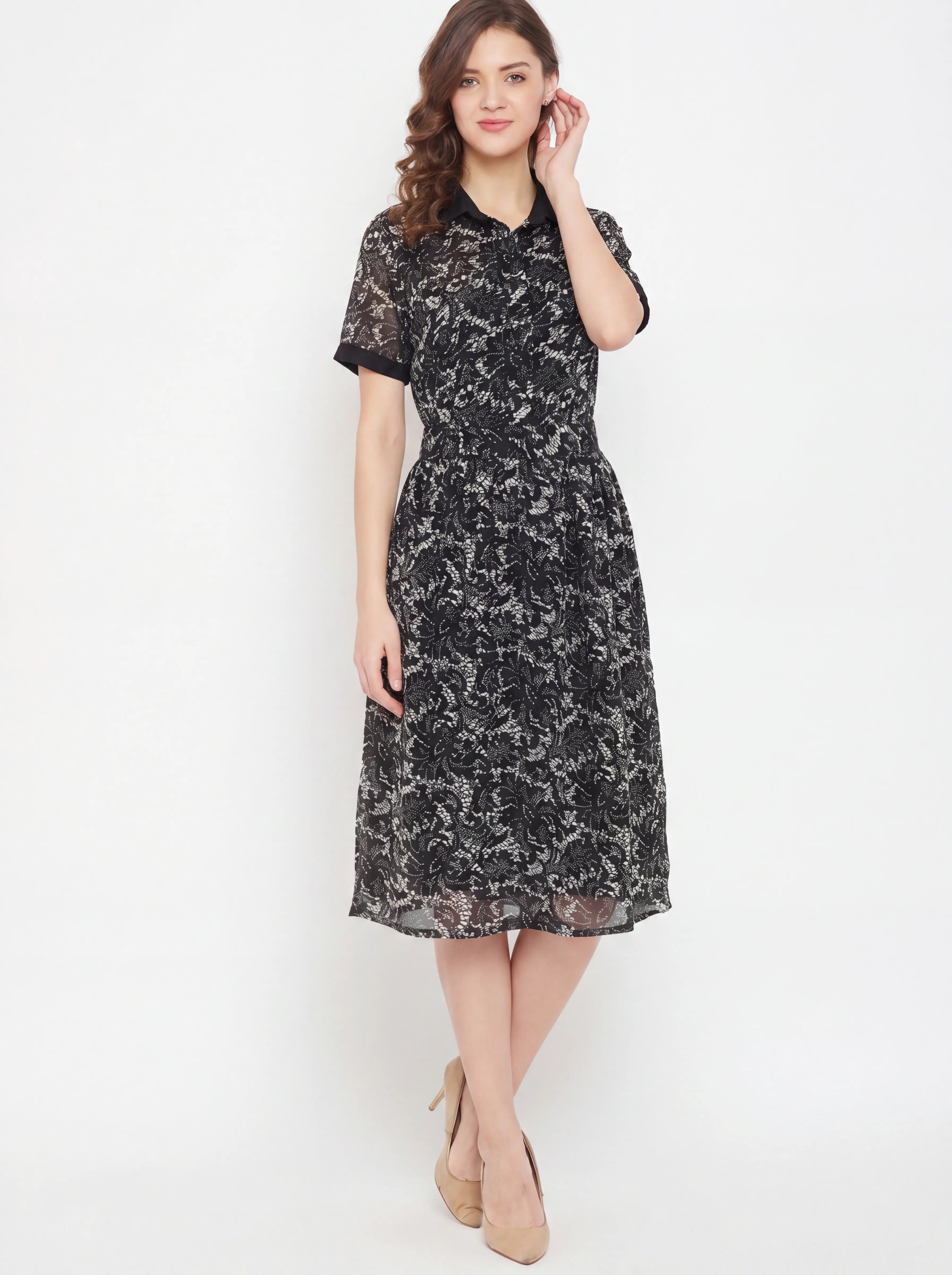 The Kaftan Company Dress Black Lace Print Georgette Shirt Dress