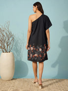 The Kaftan Company Dress Black One Shoulder Floral Border Print Crepe Dress