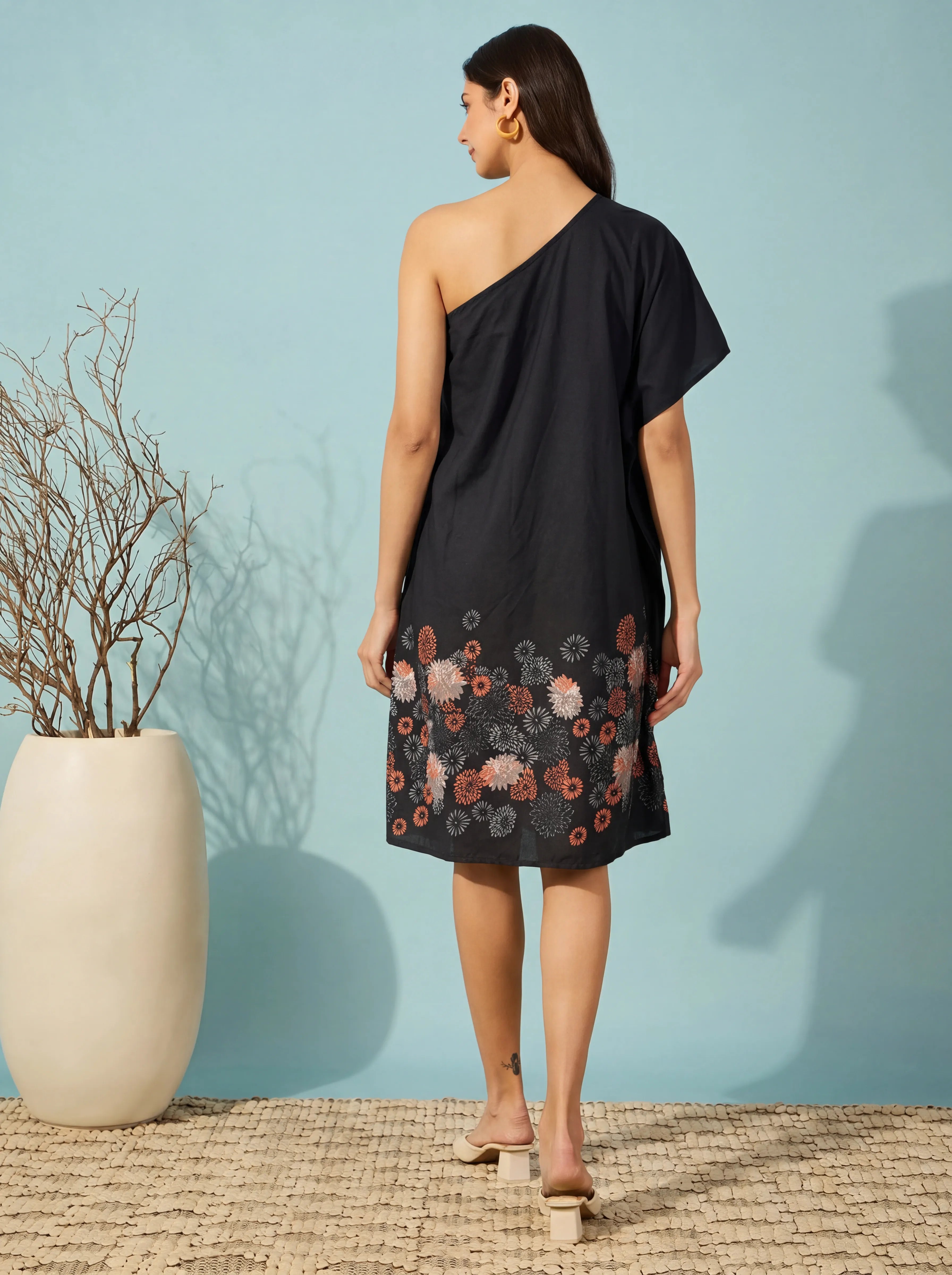 The Kaftan Company Dress Black One Shoulder Floral Border Print Crepe Dress