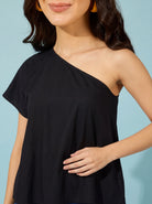 The Kaftan Company Dress Black One Shoulder Floral Border Print Crepe Dress