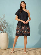 The Kaftan Company Dress Black One Shoulder Floral Border Print Crepe Dress