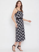 The Kaftan Company Dress Black White Check Print Polyester Crepe Midi Dress