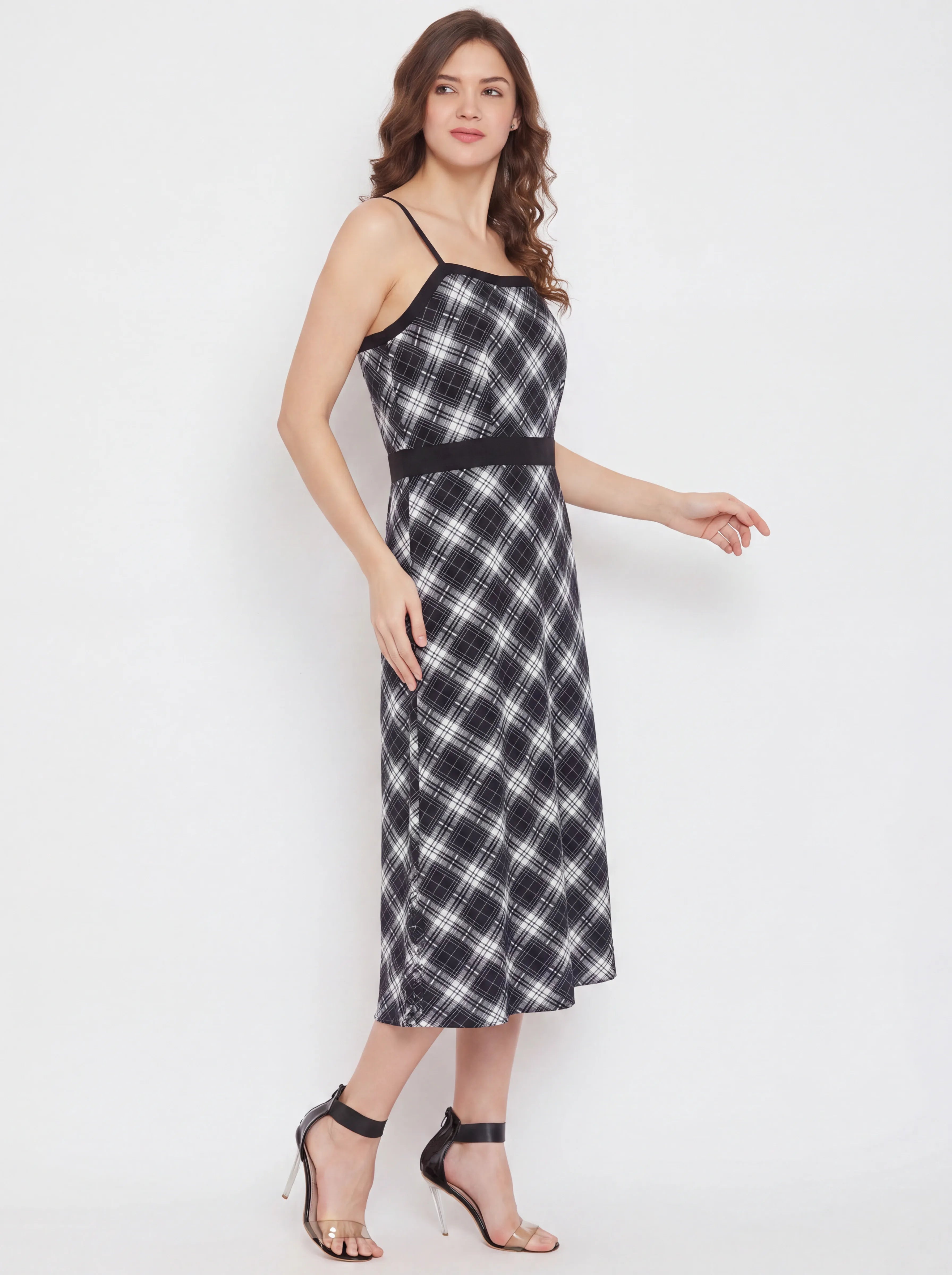 The Kaftan Company Dress Black White Check Print Polyester Crepe Midi Dress