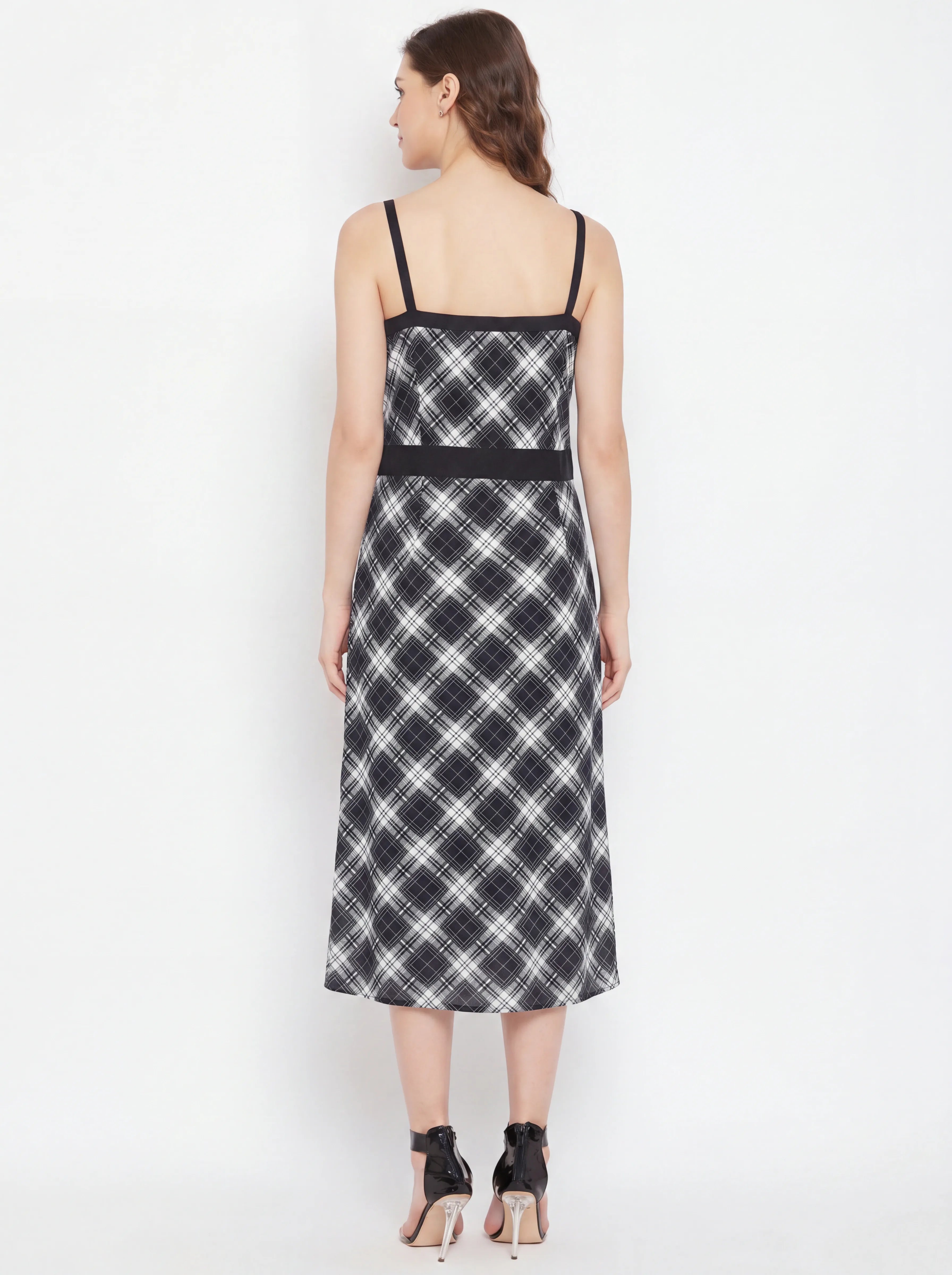 The Kaftan Company Dress Black White Check Print Polyester Crepe Midi Dress