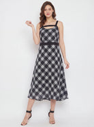 The Kaftan Company Dress Black White Check Print Polyester Crepe Midi Dress