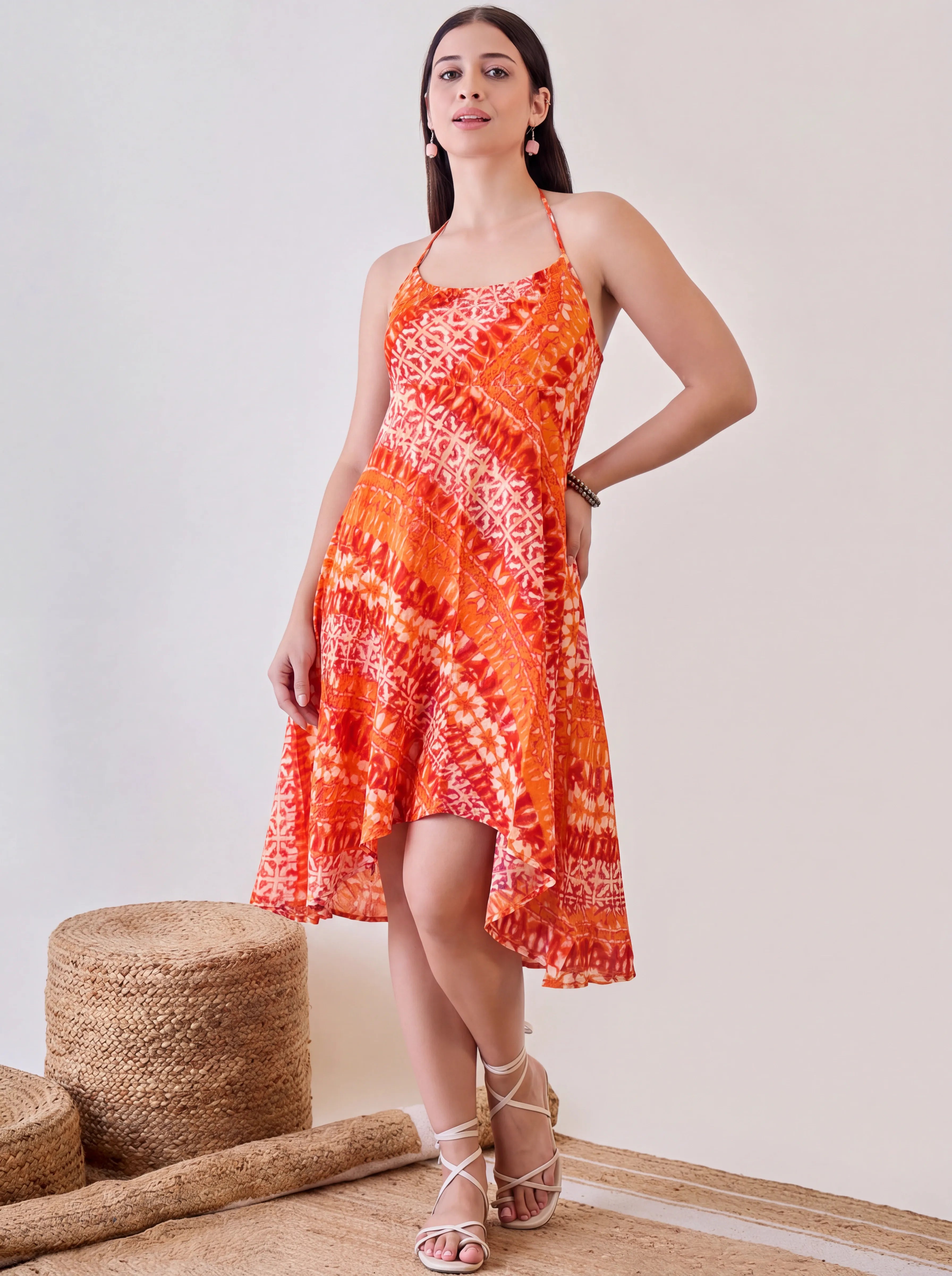 The Kaftan Company Dress Orange Tie Dye High Low Resort Dress