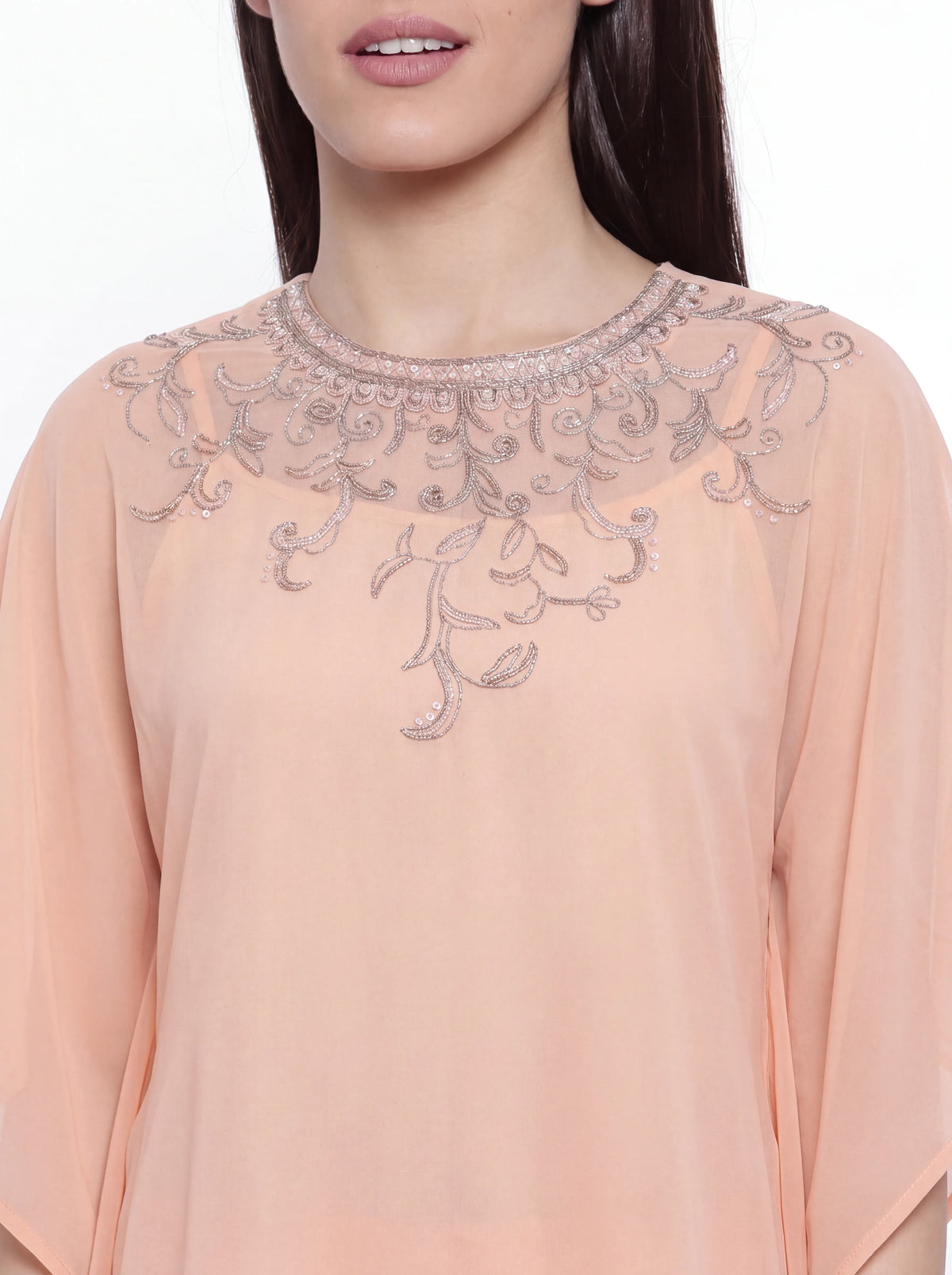 The Kaftan Company Dress Peach Hand Embroidered Georgette Kaftan Dress