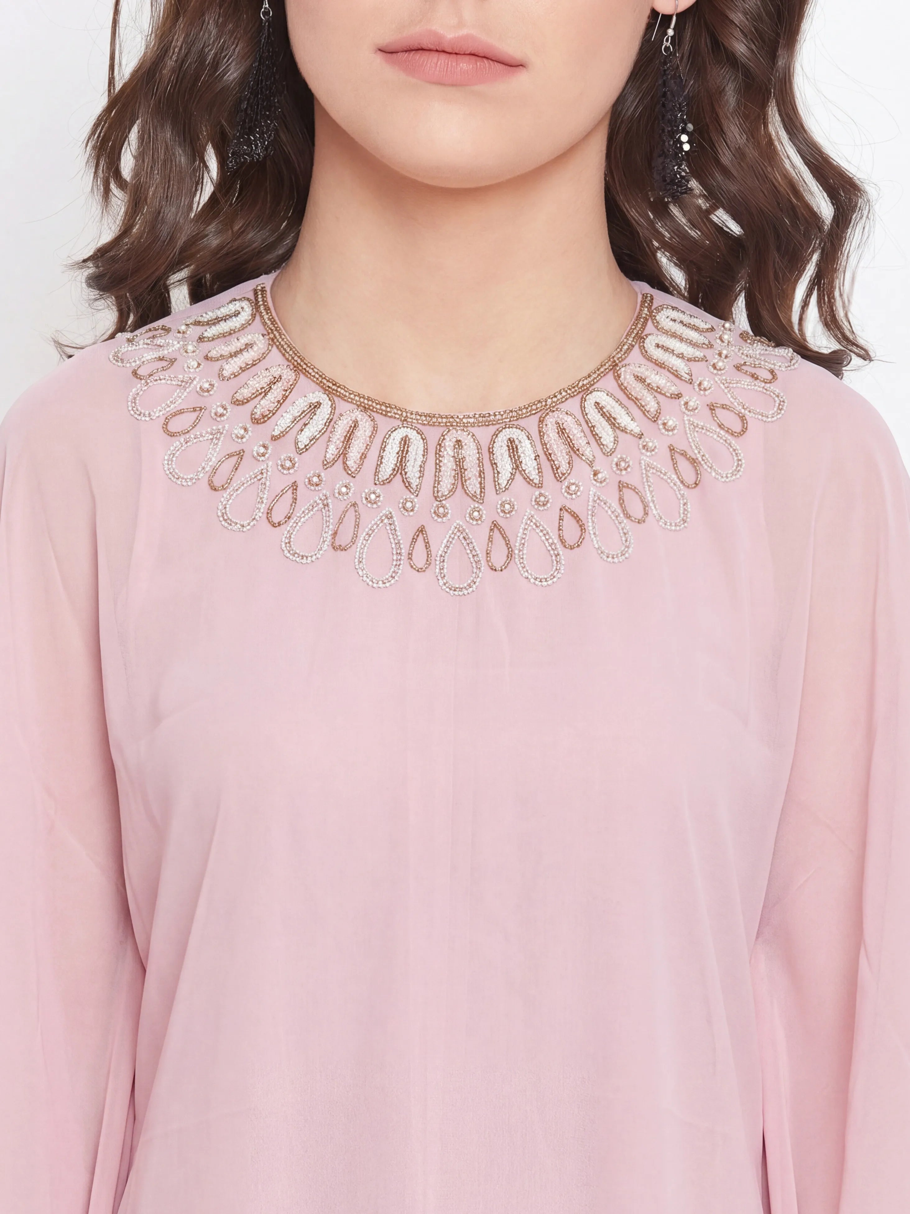 The Kaftan Company Dress Pink Hand Embroidered Georgette Kaftan Dress