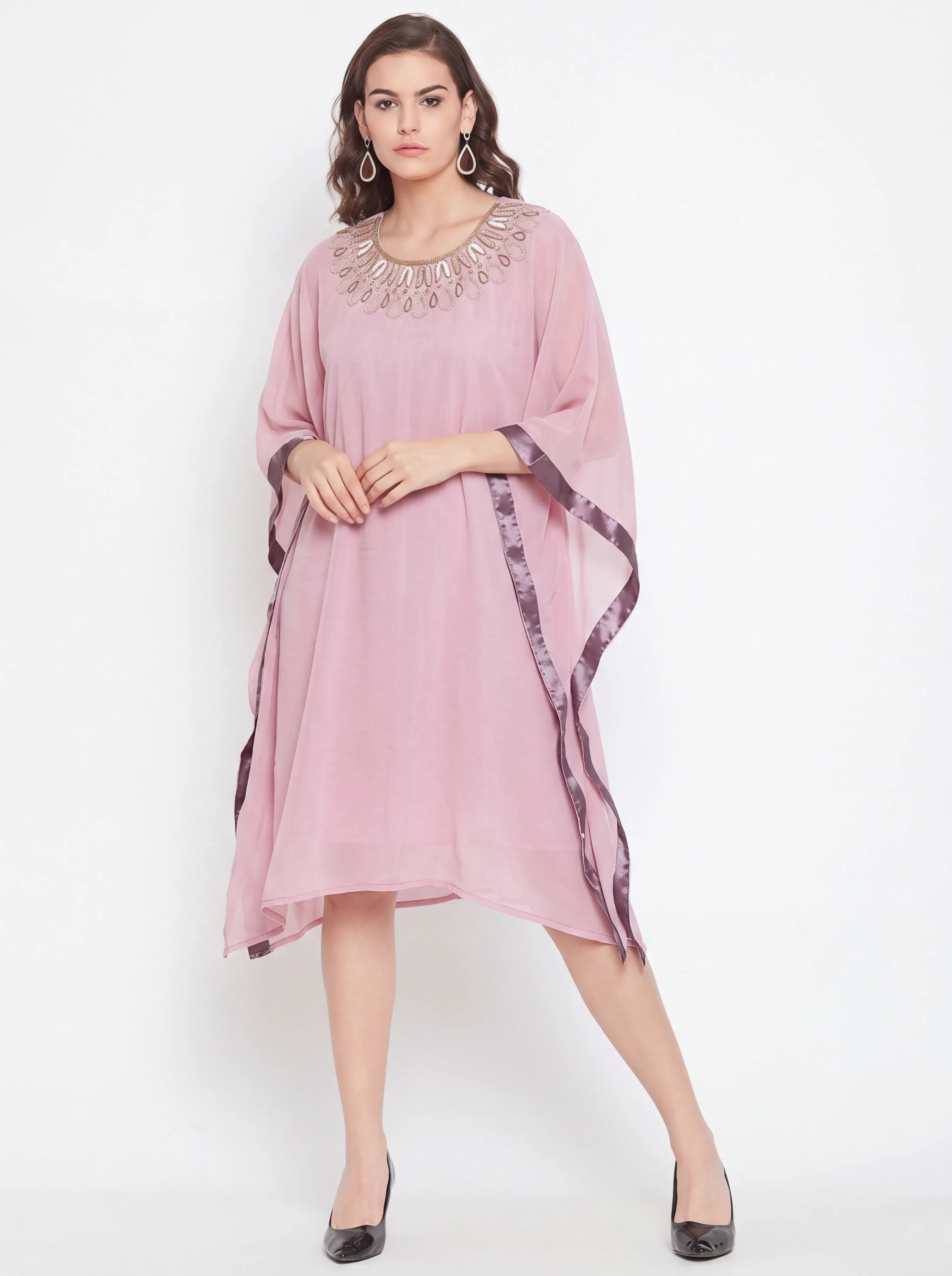The Kaftan Company Dress Pink Hand Embroidered Georgette Kaftan Dress
