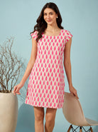 The Kaftan Company Dress Pink Leaf Print Cotton Silk Mini Dress