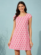 The Kaftan Company Dress Pink Leaf Print Cotton Silk Mini Dress