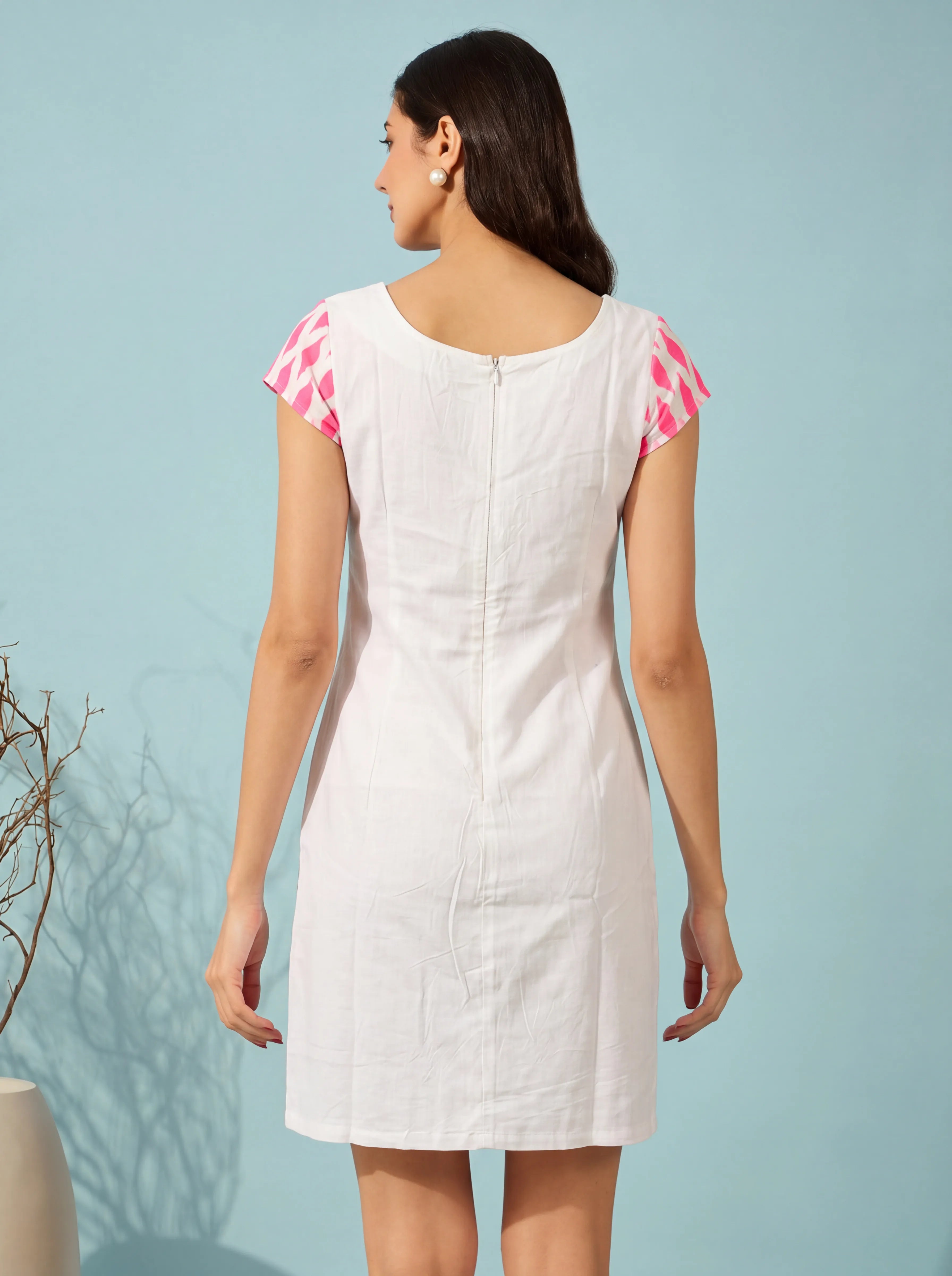 The Kaftan Company Dress Pink Leaf Print Cotton Silk Mini Dress