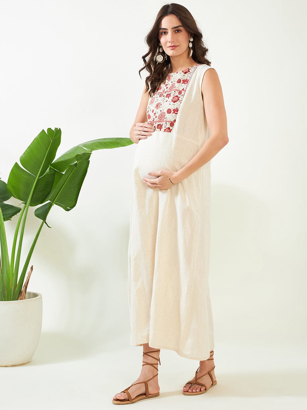 The Kaftan Company Dresses Beige Floral Cotton Maternity and Feeding Dress