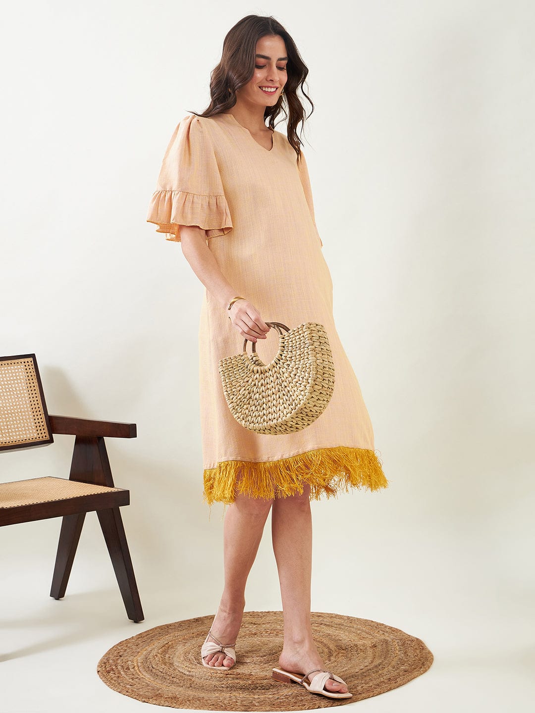 Beige Maternity Midi Dress with Fringes - The Kaftan Company 3XL Beige Maternity Midi Dress with Fringes - The Kaftan Company 3XL