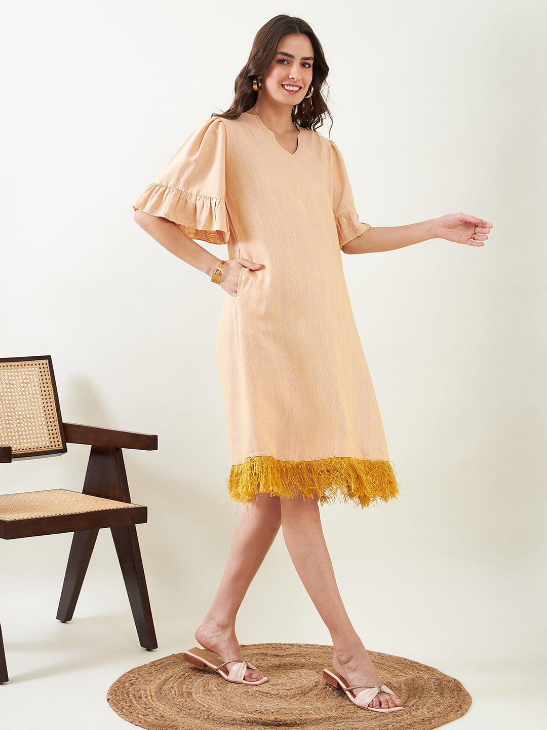 The Kaftan Company Dresses Beige Maternity Dress with Fringes