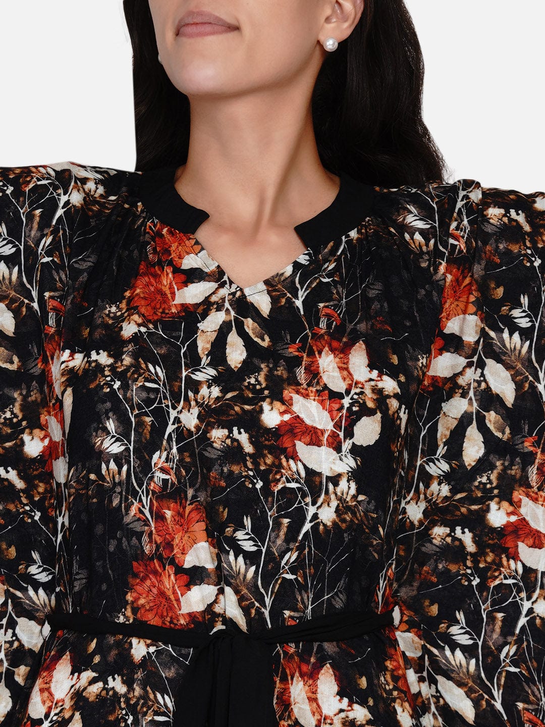 The Kaftan Company Dresses Black and Orange Brushed Floral Kaftan Dress with Belt