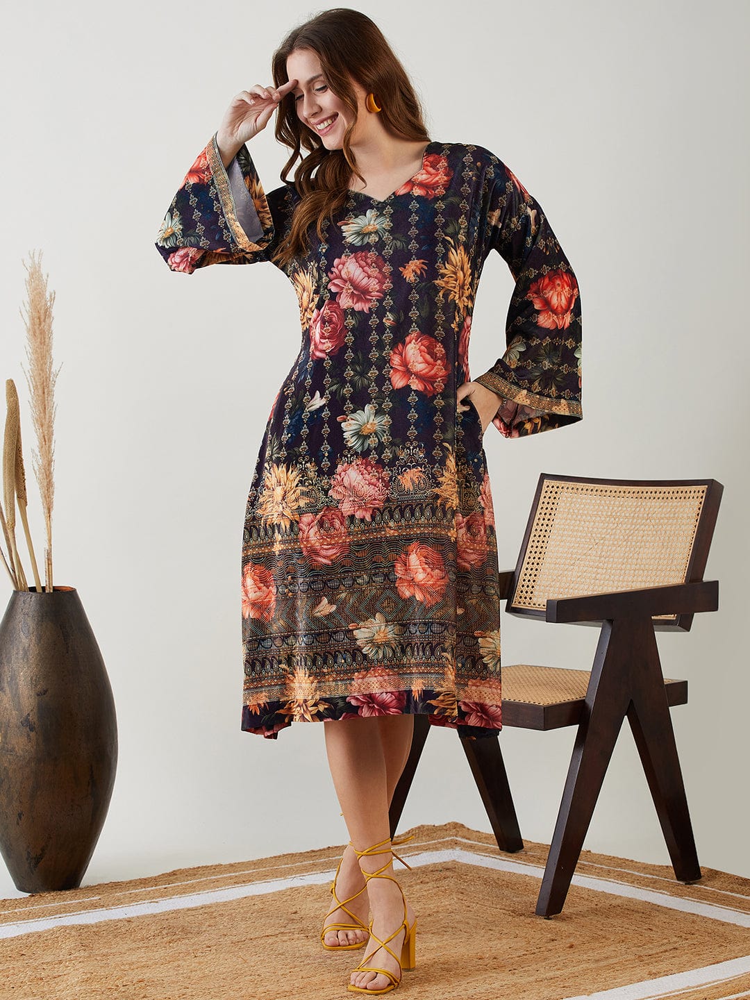The Kaftan Company Dresses Black Jeweled Floral Velvet Dress