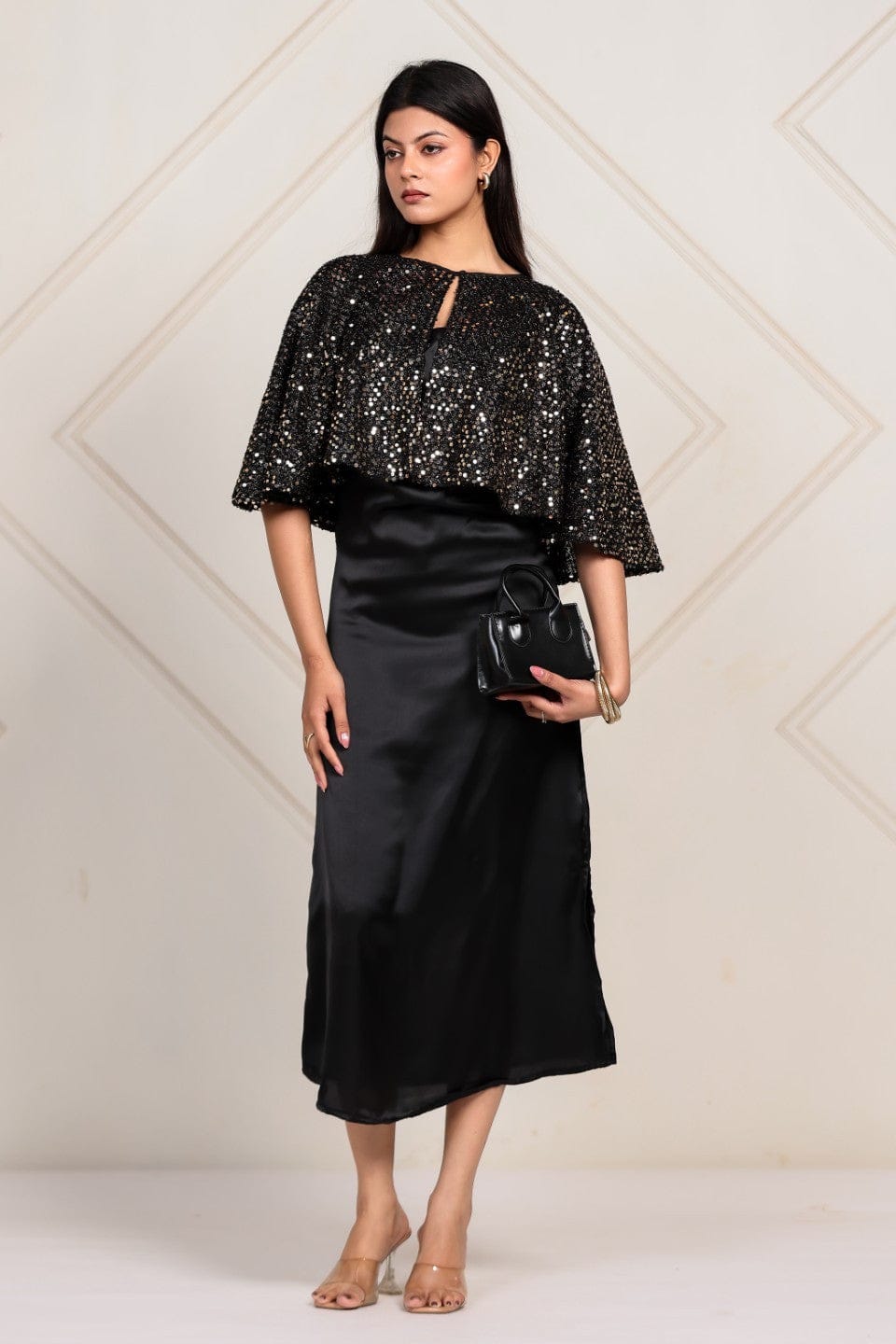 The Kaftan Company Dresses Black Satin & Sequin Capelet Partywear Dress