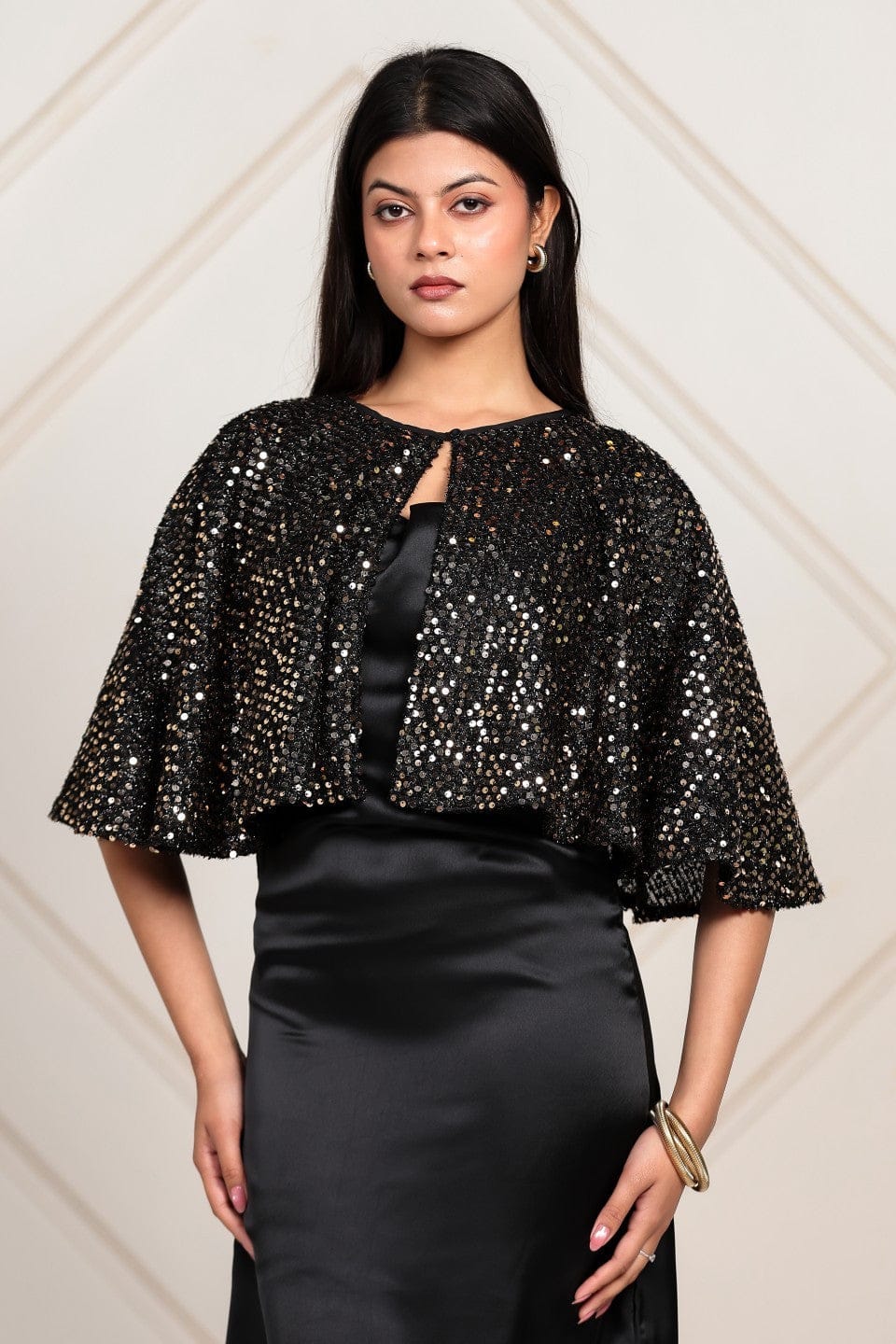 The Kaftan Company Dresses Black Satin & Sequin Capelet Partywear Dress