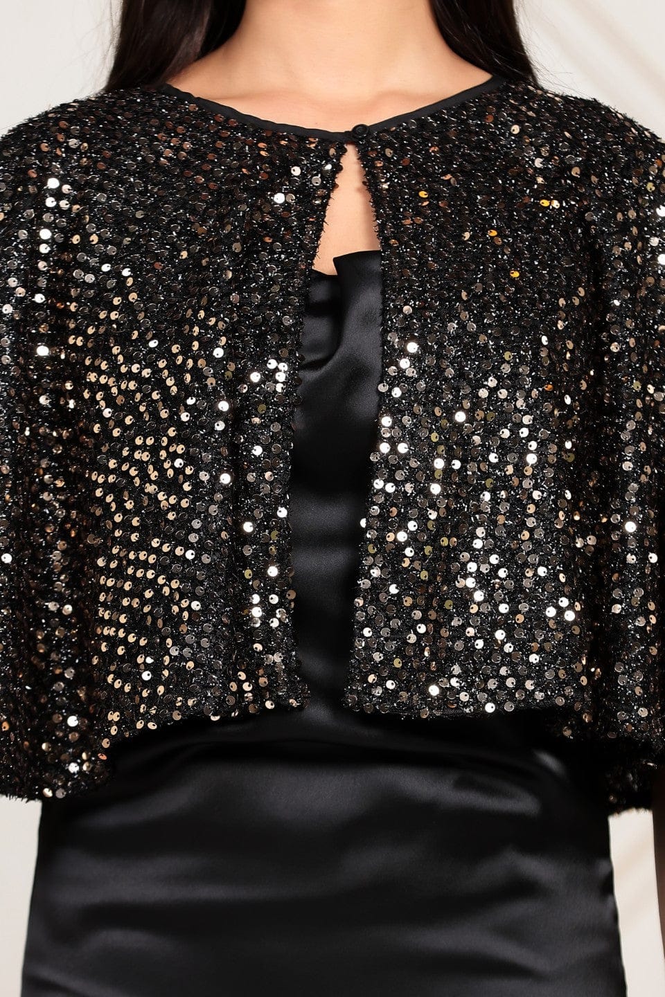 The Kaftan Company Dresses Black Satin & Sequin Capelet Partywear Dress