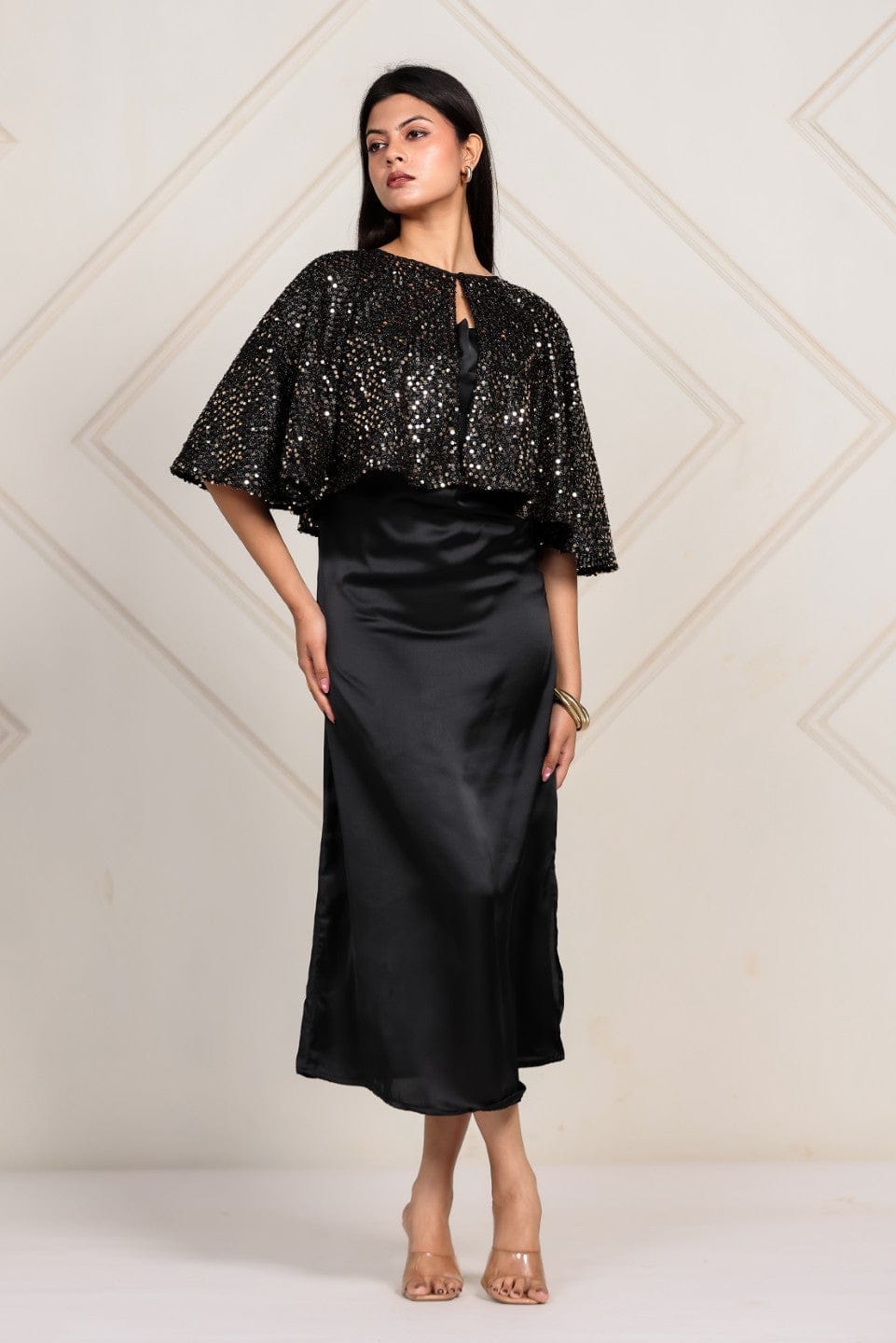 The Kaftan Company Dresses Black Satin & Sequin Capelet Partywear Dress