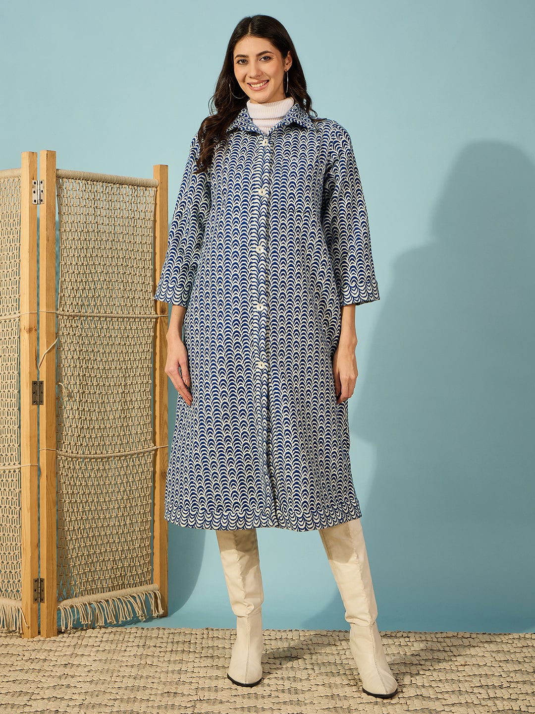 The Kaftan Company Dresses Blue Abstract Printed Woolen Jacket