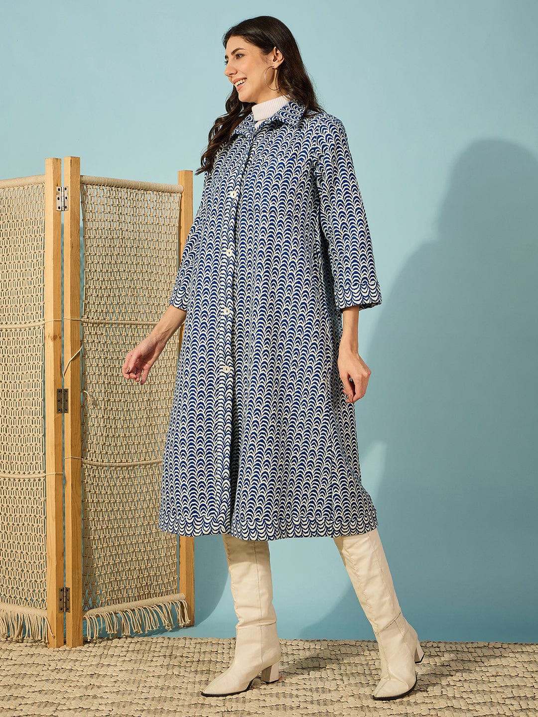 The Kaftan Company Dresses Blue Abstract Printed Woolen Jacket