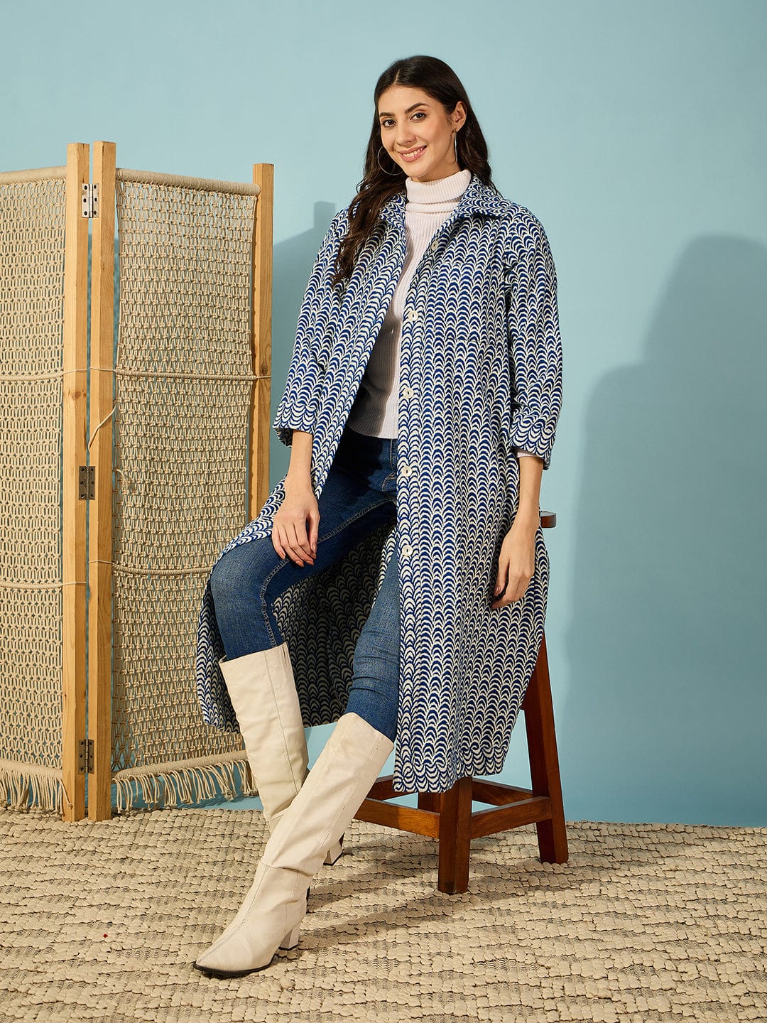 The Kaftan Company Dresses Blue Abstract Printed Woolen Jacket