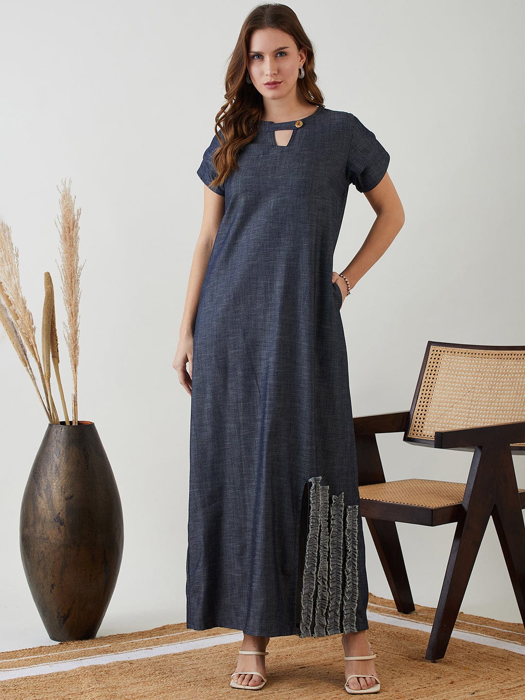 The Kaftan Company Dresses Blue Denim Dress with Keyhole Neckline and Ruffle Detail