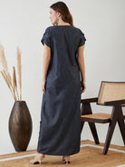 The Kaftan Company Dresses Blue Denim Dress with Keyhole Neckline and Ruffle Detail