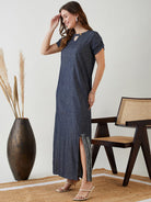 The Kaftan Company Dresses Blue Denim Dress with Keyhole Neckline and Ruffle Detail