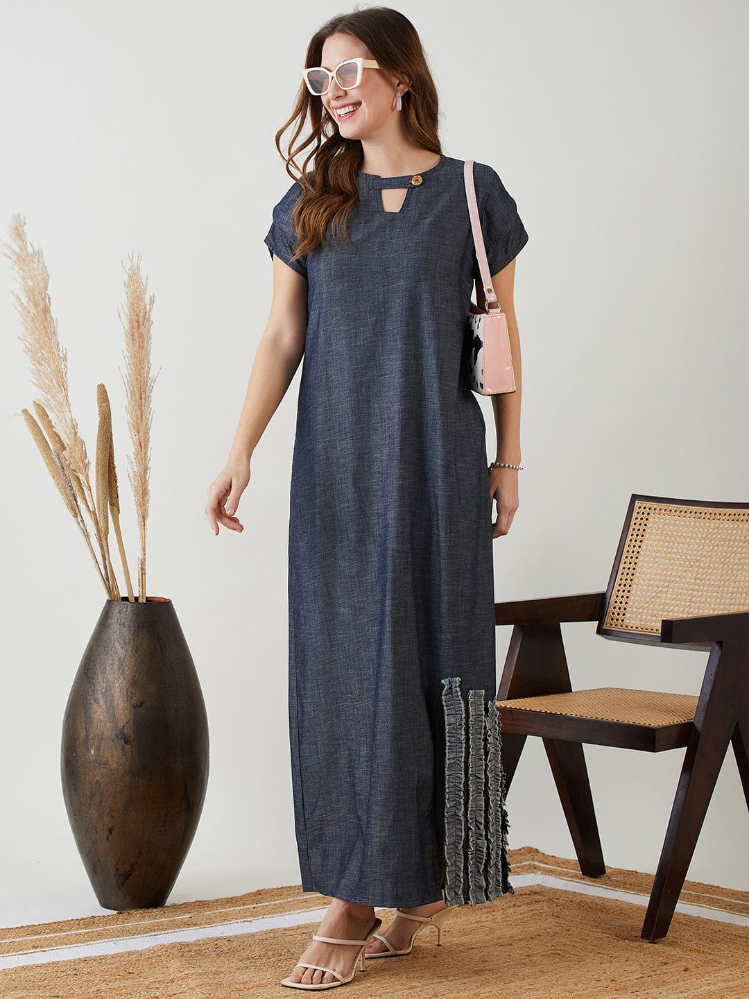 The Kaftan Company Dresses Blue Denim Dress with Keyhole Neckline and Ruffle Detail
