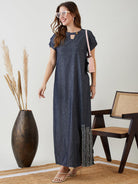 The Kaftan Company Dresses Blue Denim Dress with Keyhole Neckline and Ruffle Detail