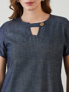 The Kaftan Company Dresses Blue Denim Dress with Keyhole Neckline and Ruffle Detail