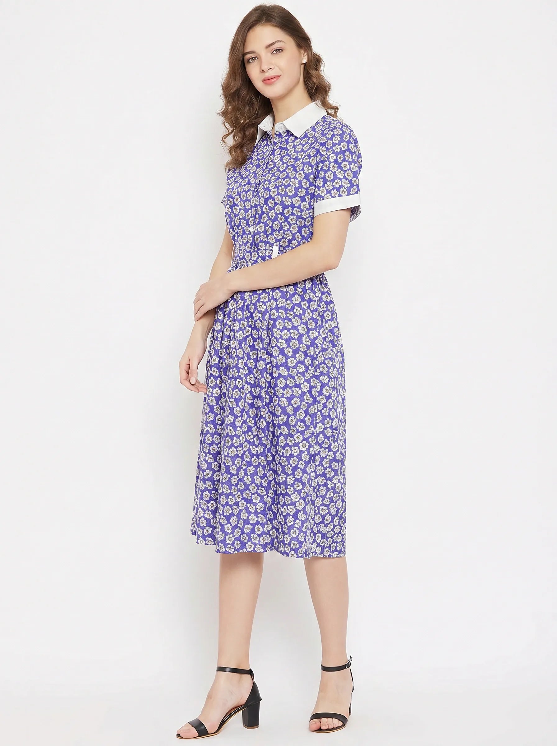 The Kaftan Company Dresses Blue Floral Print Crepe Shirt Dress with Contrast Collar