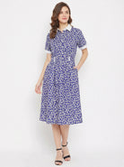 The Kaftan Company Dresses Blue Floral Print Crepe Shirt Dress with Contrast Collar