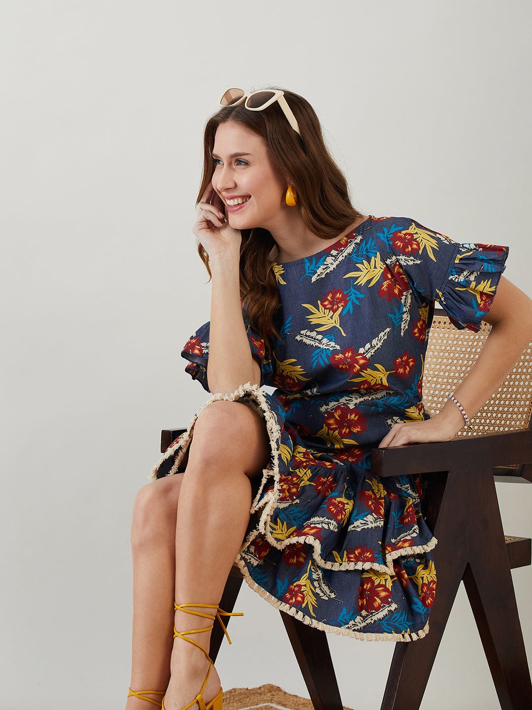 The Kaftan Company Dresses Blue Floral Printed Denim Dress with Frilled Hem