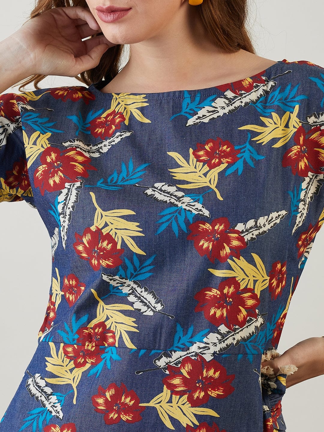 The Kaftan Company Dresses Blue Floral Printed Denim Dress with Frilled Hem