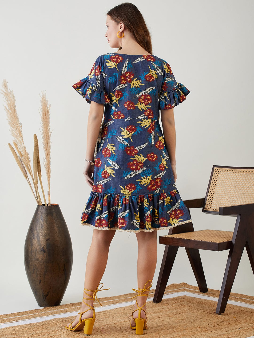 The Kaftan Company Dresses Blue Floral Printed Denim Dress with Frilled Hem